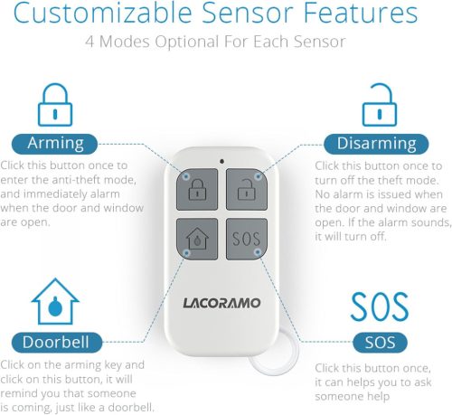 LACORAMO Door Sensor Alarm – 130dB Vezeték Nélküli Ajtó- és Ablakriasztó 2 Távirányítóval - kulcskarika hiányzik