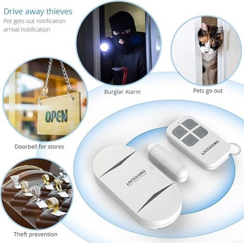 LACORAMO Door Sensor Alarm – 130dB Vezeték Nélküli Ajtó- és Ablakriasztó 2 Távirányítóval - kulcskarika hiányzik