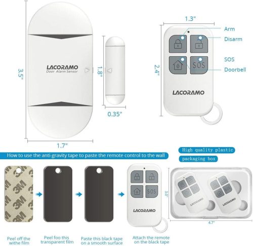 LACORAMO Door Sensor Alarm – 130dB Vezeték Nélküli Ajtó- és Ablakriasztó 2 Távirányítóval - kulcskarika hiányzik